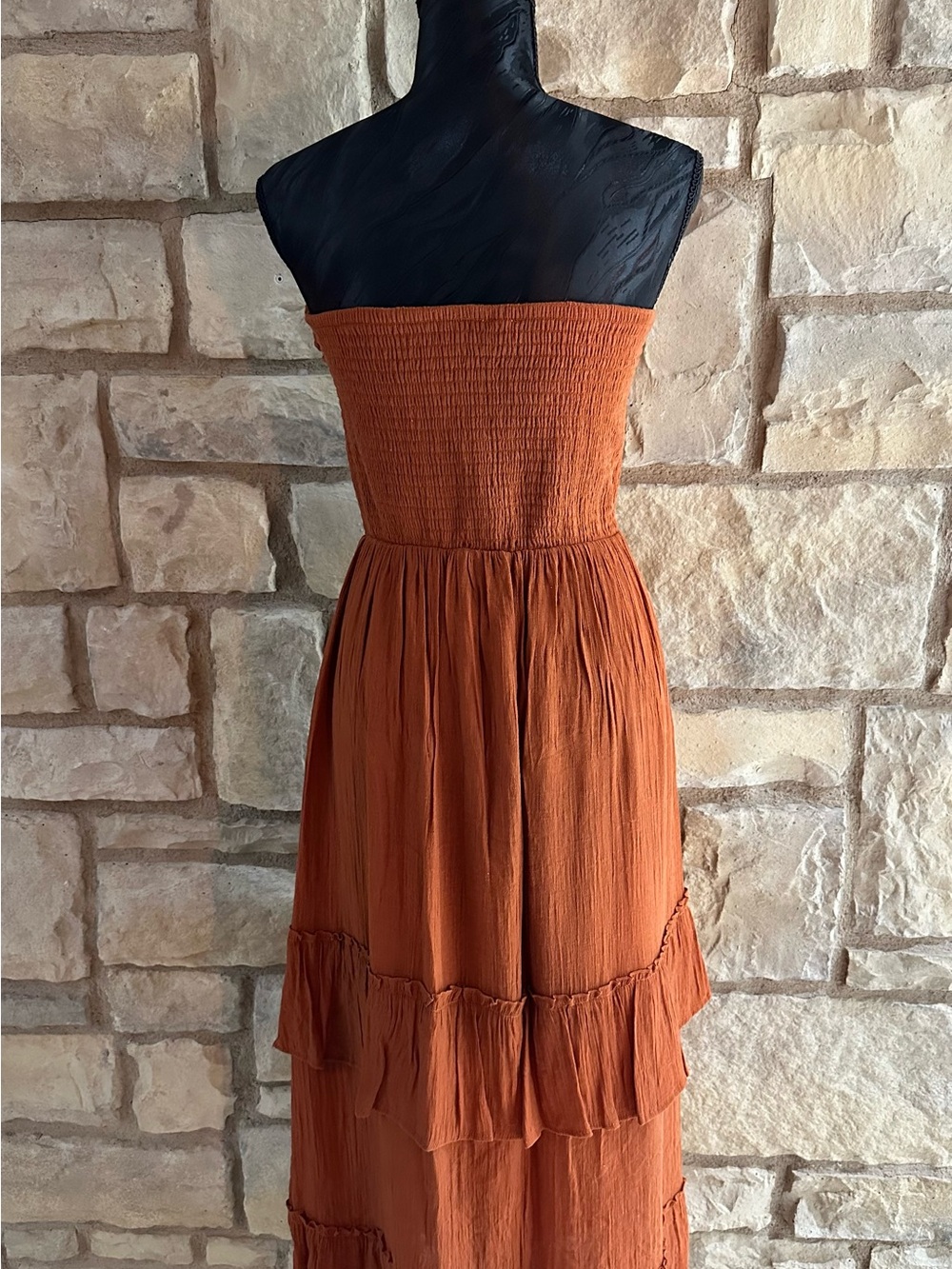 Rust Strapless Smocked Midi Dress - Picture 2 of 2